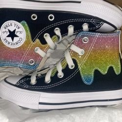 Converse Chuck Taylor High Top Black Glitter Rainbow Drip Shoes Youth size 11