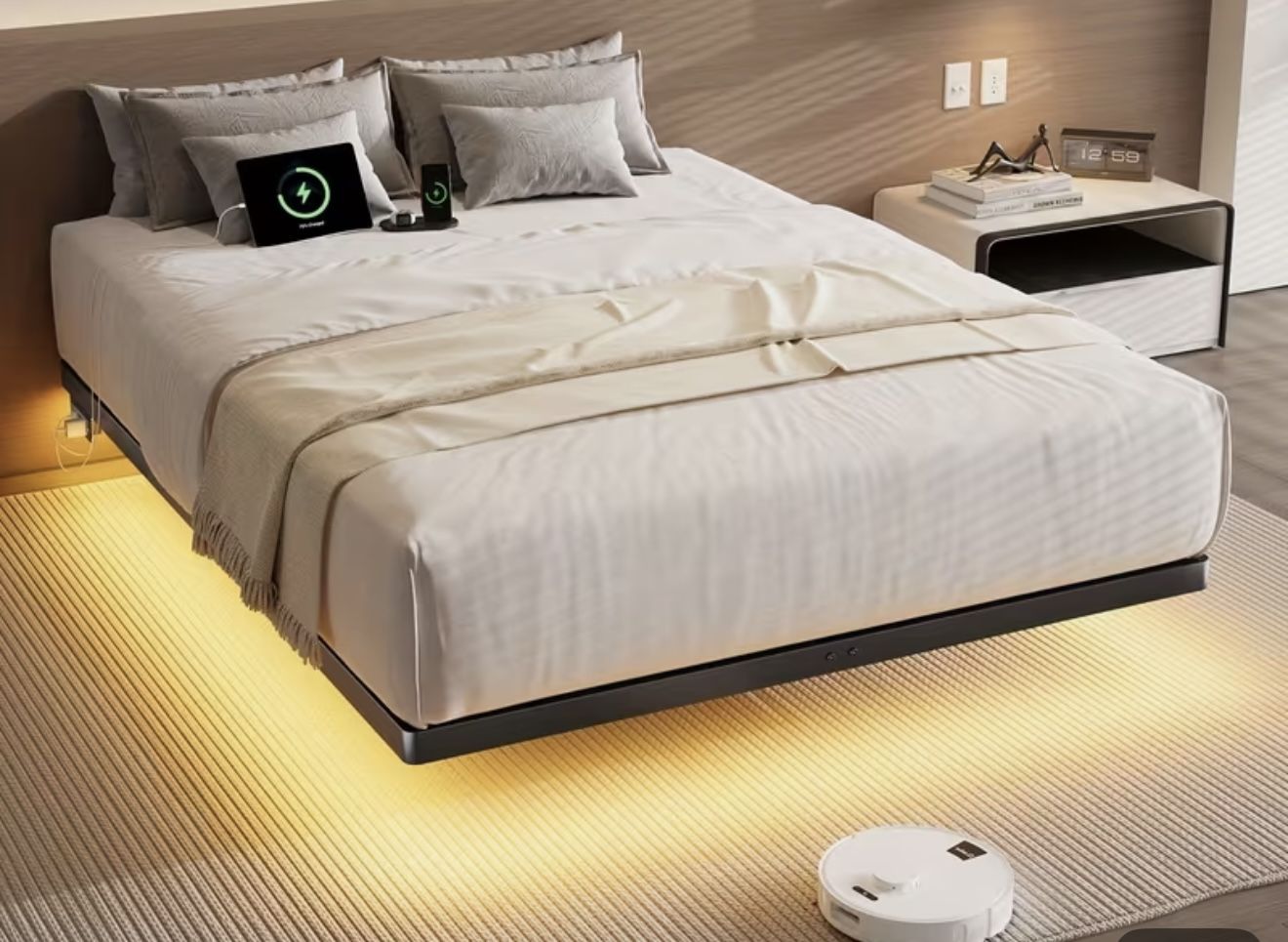 Floating bed frame with leds