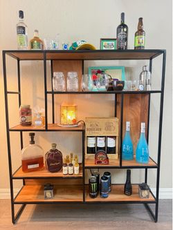 Industrial style metal and wood display shelf 50"H × 43"W × 10"D