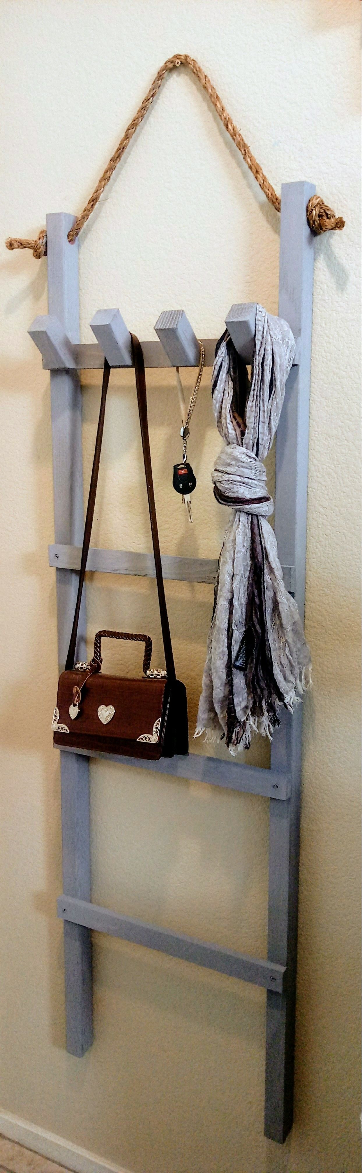 60"H X 18"W X 2-1/2"D 🌱4 Tier Solid Wood Hanging Rope Ladder with 4 Hooks ::: Rustic Still Gray