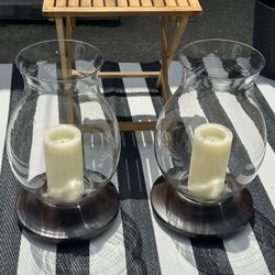Set Of Two Crate And Barrel Hurricane Lamps With Stands And Battery Candles