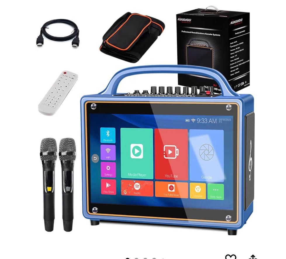 Smart Karaoke Machine with Lyrics Display, 14 Inch IPS Touch Screen, Two Wireless Microphones, Portable Bluetooth Speaker PA System for Home Outdoor P