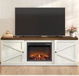 Fireplace TV Stand for TVs up to 80 Inches, 18-Inch ELectric Fireplace with Remote, Farmhouse Entertainment Center, Media Console Table for Living Roo