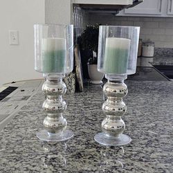 Set Of 2 Glass Candle Holders, 15 Inches Tall 