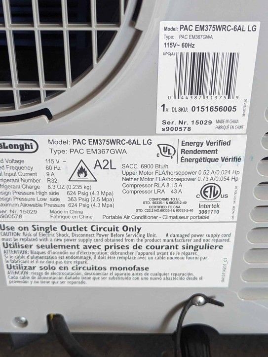 De’Longhi 3in1 Portable Air Conditioner, Up to 500 sq. ft