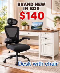 White Farmhouse Desk 45" with 4 Drawers & Charging Station Small Computer Desk with File Drawer & Outlets, Full Extension Storage for Small Spaces, Be