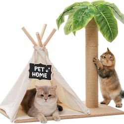 Cats Scratching Post & Teepee for Indoor Cats, Cat Tree Sisal Post with Simulated Leaves,Scratcher Post, Pet Bed Tent Indoor Cat Play House, Kitten To
