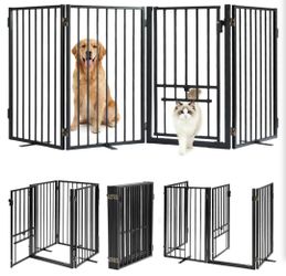 Metal Freestanding Dog Gate with Cat Door for Outdoor Indoor,80" Extra Wide Foldable Pet Fence,30" Tall Dog Gate for Large Opening,Stairs,Hallways,Doo