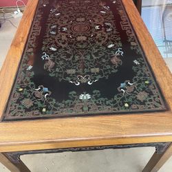 Carved Chinese Table W/Custom Glass Top And Chairs