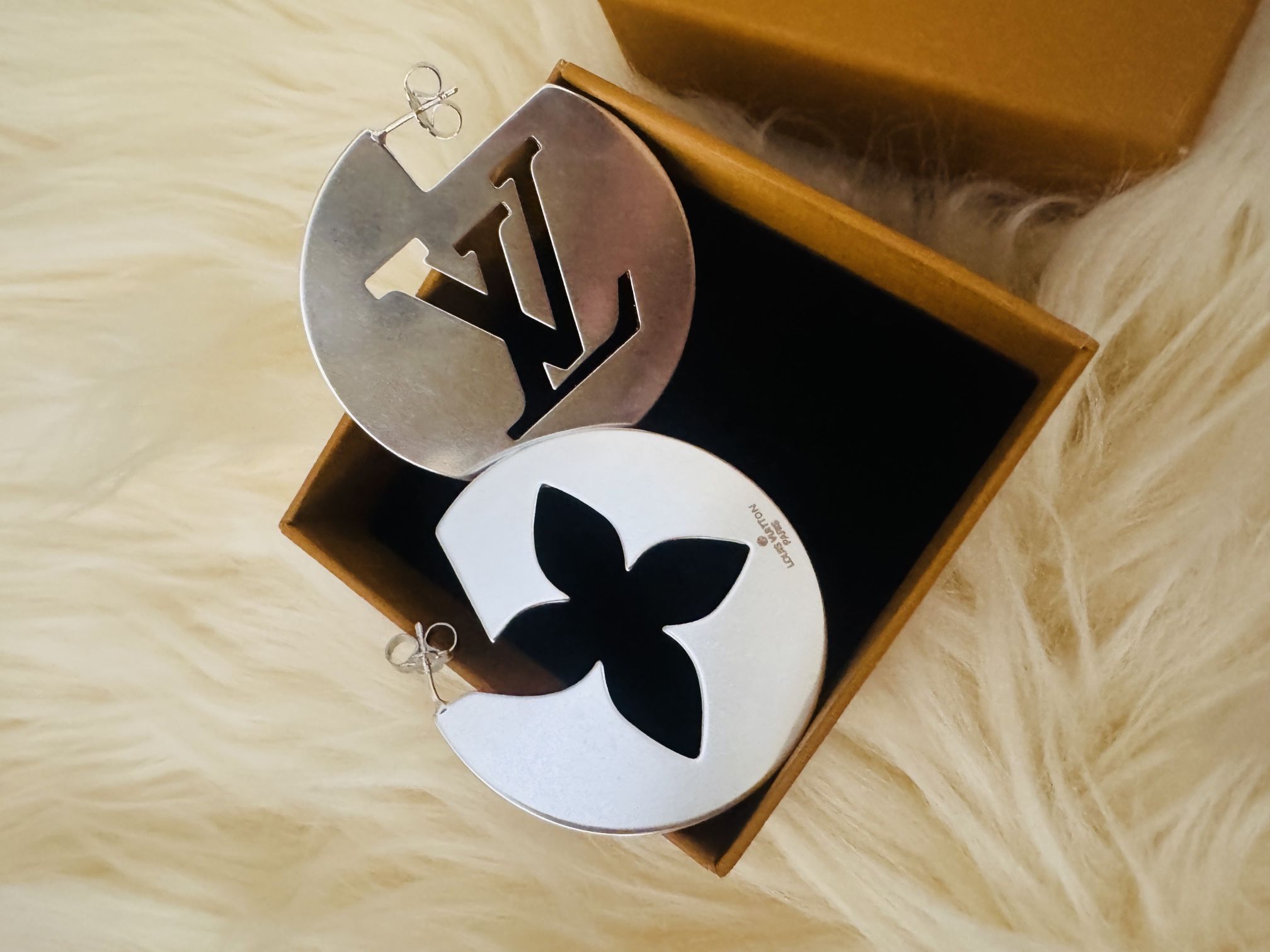 LV circles in a polished silver finish, with hollowed-out Monogram Flower design