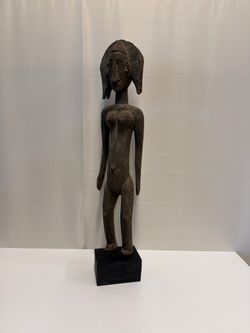 Hand Carved African Tall Bambara Standing Wooden Female Figure Sculpture