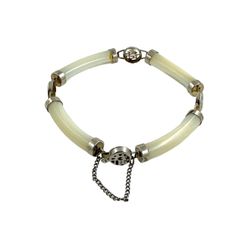 Chinese Lucky Tube Link Bracelet with Safety Chain, Unbleached MOP, Silver Tone Metal, Chinese Characters Links, Boho Hippie Gypsy Style, Vintage Jewe