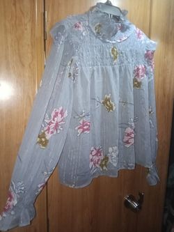 Women's Gray Floral Ruffle-Neck Blouse with Pink Accents