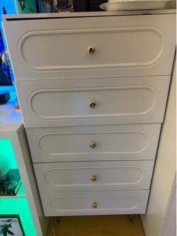 Modern White 5-Drawer Dresser with Gold Hardware & Legs
