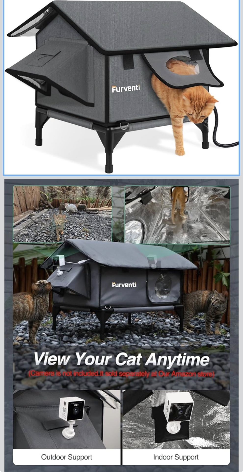 Heated Cat House for Outside,Extremely Weatherproof&Insulated in Winter,Elevated Outdoor Cat Shelter with Waterproof Eaves&Escape Door for Feral Stray