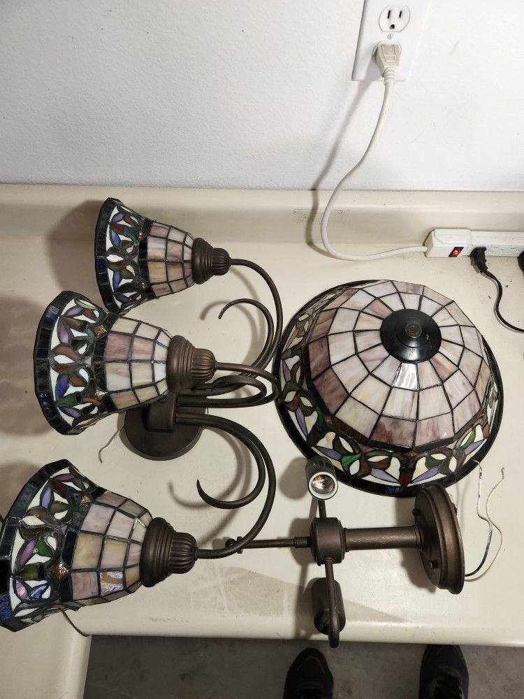 Hanging Mosiac Tiffany Style Light Lamps 3 Globes Stained Glass & Single Hanging Lamp Staind Glass Set