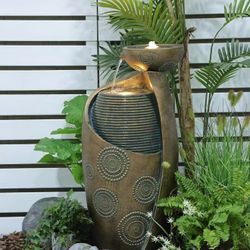 FF3003-GOLD Vase Outdoor Water Fountain, 31.4''H Jar Waterfall Fountain with Warm LED Lights&Durable Pump for Yard, Porches, Home Décor,Garden,Office