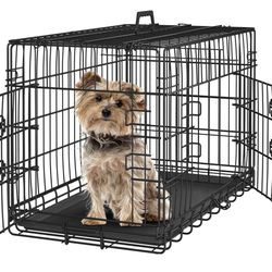 30 inch Double Door Dog Crate w/Divider for Puppy, Collapsible Metal Dog Kennel with Removable Tray, Portable Travel Cage, Black
