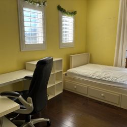 White Bedroom Set - Bed Frame, Desk, Bookcase And Office Chair