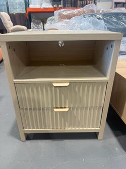 New-24" Fluted Night Stand with Charging Station, Light Natural Oak Modern nightstand with 2 drawers, open shelf, metal handles, 2 USB ports and 2 AC 