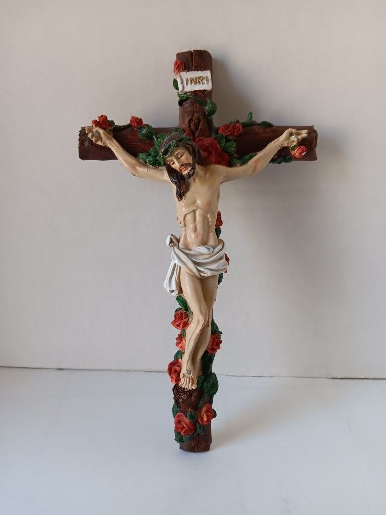 Autom Crucifix Jesus with Roses Floral Religious Wall Hanging Art Cross Decor INRI