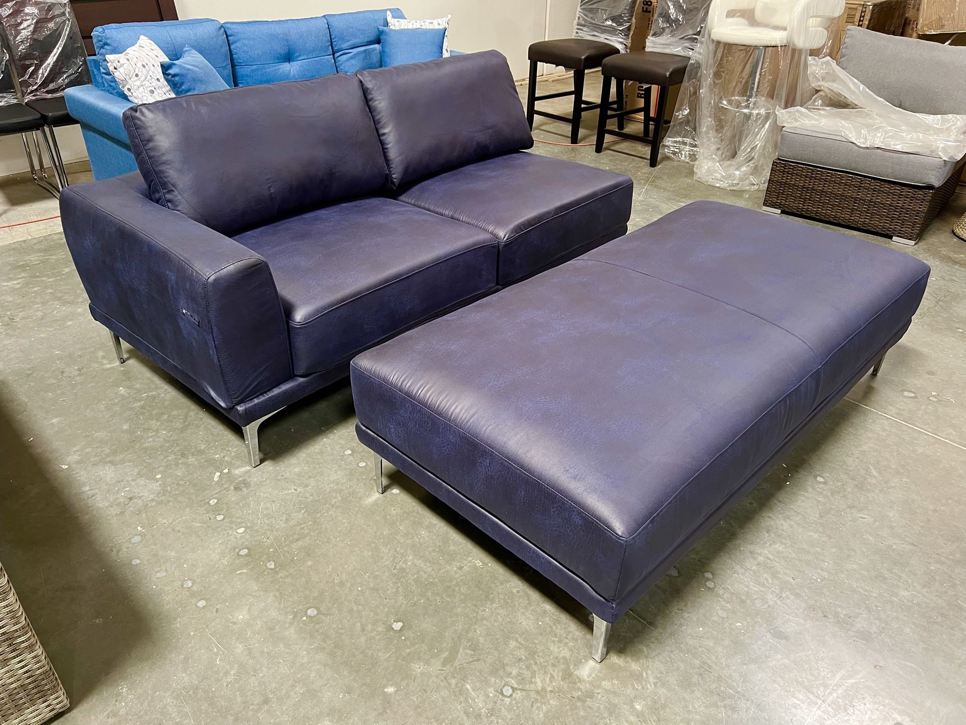 New! Blue Ink Contemporary Sofa With Ottoman, Sectional Sofa, Sectional, Sectionals, Sofa Bed, Sleeper Sofa