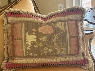 Large Vintage Embroidered Chinoiserie Down Pillow with Silk Trim & Velvet Back (24x18)