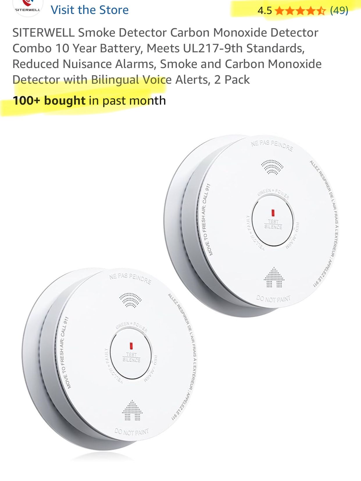Smoke Detector Carbon Monoxide Detector Combo 10 Year...