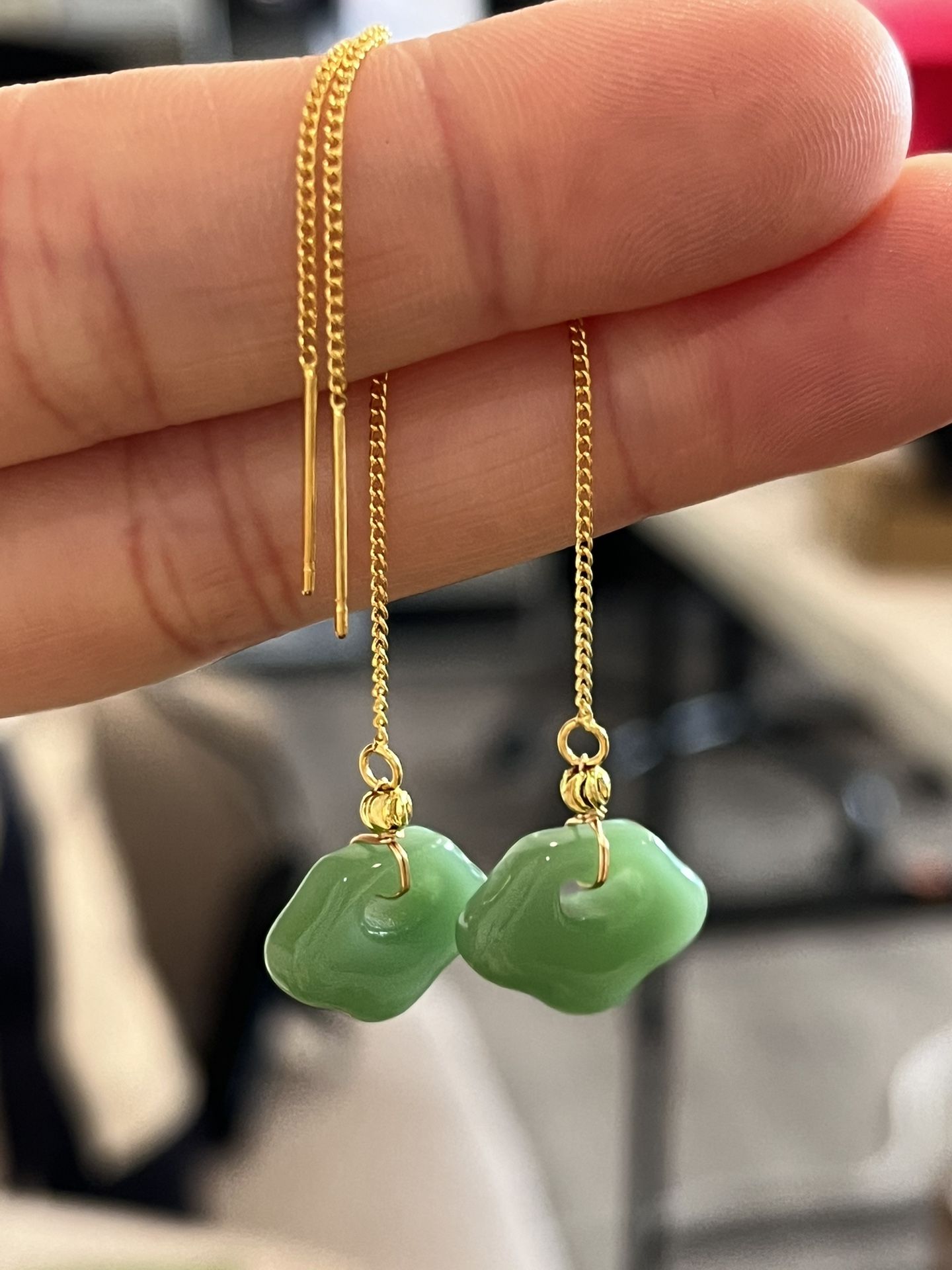 Jade earrings, 18k gold-plated ear wires, sterling silver needles