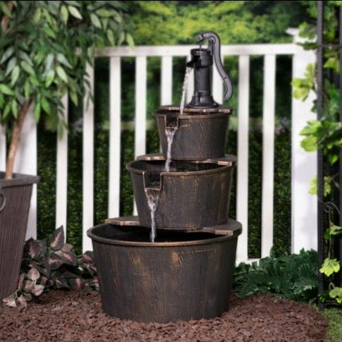 Tall Outdoor 3-Tier Barrel Pump Waterfall Fountain, Brown