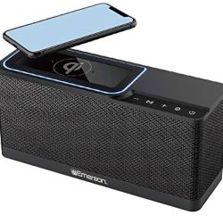 Emerson ER-BTW100 Portable Bluetooth Speaker with 20 Watt Stereo, QI Wireless Charging, Hands Free Calling and Additional USB Charging, Black
