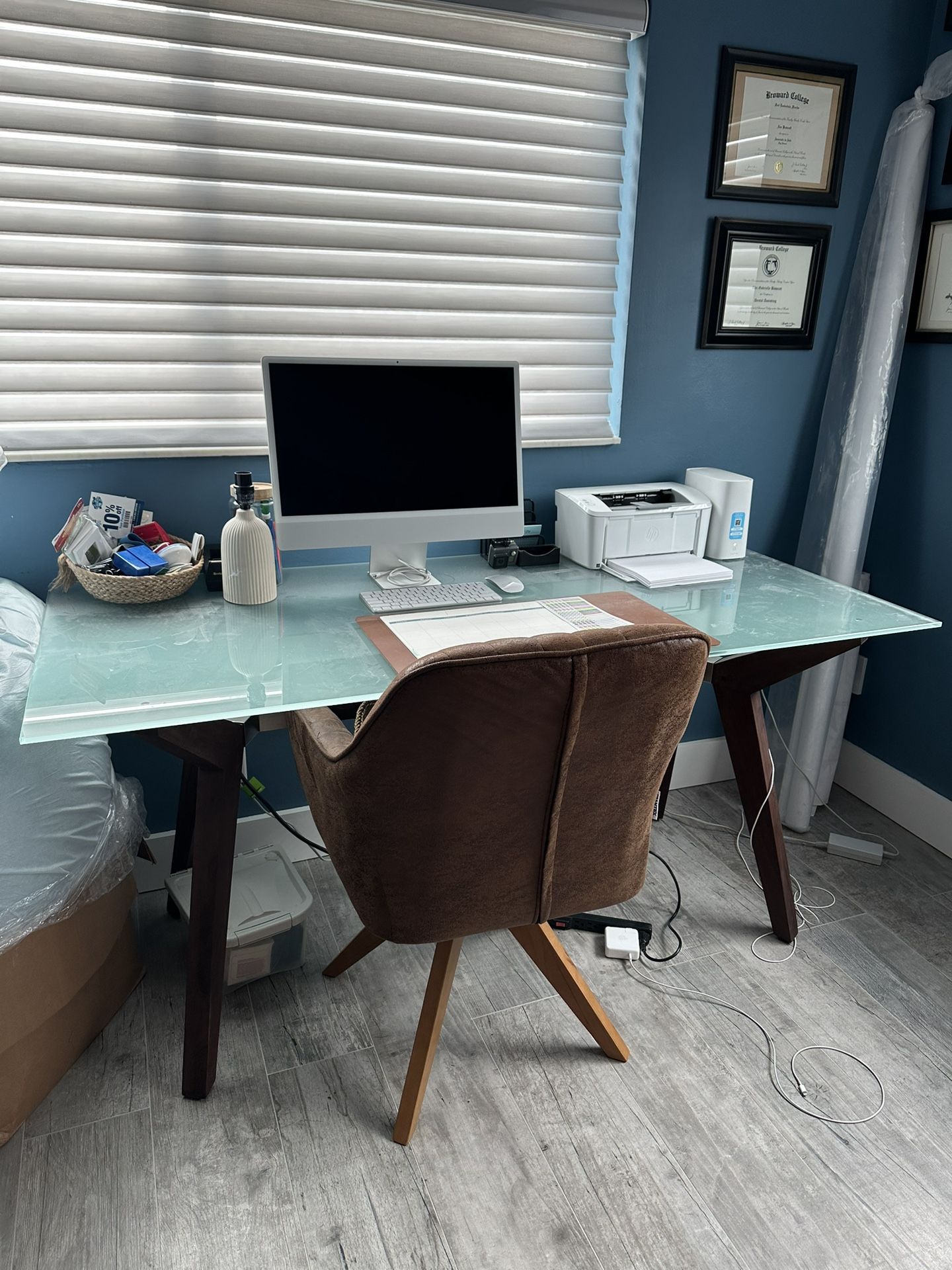 Crate And Barrel Glass Dining Room Table / Office Desk + Chair