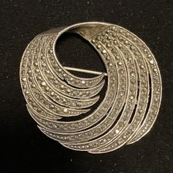 Big 40's Hollywood Regency sterling pyrite swirl brooch, brushed 925 silver