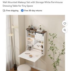 ARTETHYS Floating Vanity Desk with Mirror and Lights Small Wall Mounted Makeup Set with Storage White Farmhouse Dressing Table for Tiny Space