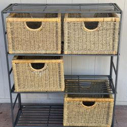 Metal shelving unit with seagrass baskets for storage