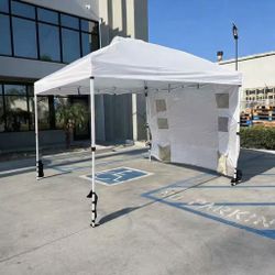 New In Box 10x10 Feet EZ Pop Up Canopy Portable White Gazebo With 1 Side Wall And Carrying Case And Sand Weight Pouches 