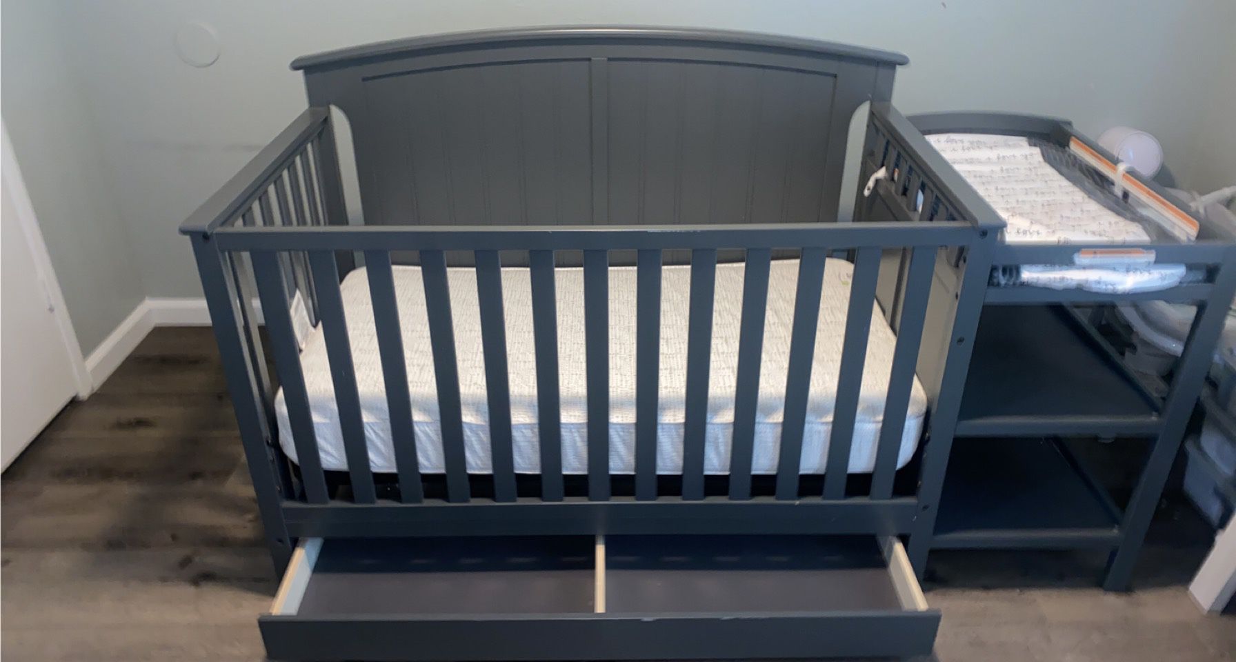 Dark Grey Crib With Changing Table And Shelves