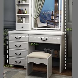 Vanity Set Makeup Vanity Dressing Table with Sliding Lighted Mirror,3 Color Lighting Modes Adjustable Brightness 5 Drawer & Hidden Storage Compartment