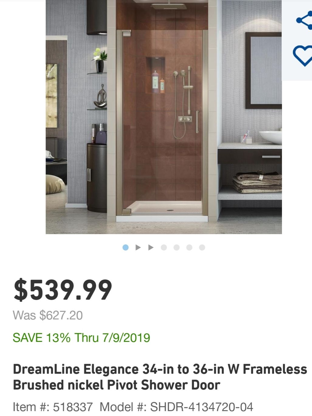 Shower door DreamLine Elegance 34-in to 36-in W Frameless Brushed nickel Pivot Shower Door