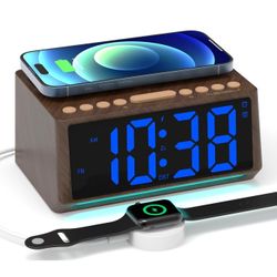 Retro Digital Alarm Clocks for Bedrooms with Large Numbers, Desk Clock with Wireless Charging Station, 7 Mood Lights, Dimmer, Snooze, 12/24H, Loud Ala