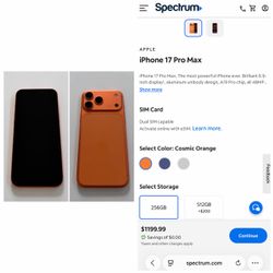 iPhone 17 Pro Max 256GB Cosmic Orange in good condition for Spectrum Mobile.