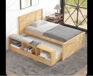 ModernLuxe Assembly Required Twin Size Wooden Platform bed with Pull Out Trundle Storage Cabinet