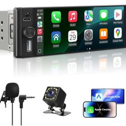 Single Din Radio Car Stereo with Apple CarPlay & Android Auto, 6.28 Inch HD Touch CarPlay Screen, Backup Cam,Bluetooth, MP5,USB Type-C, SWC, EQ, FM Ra