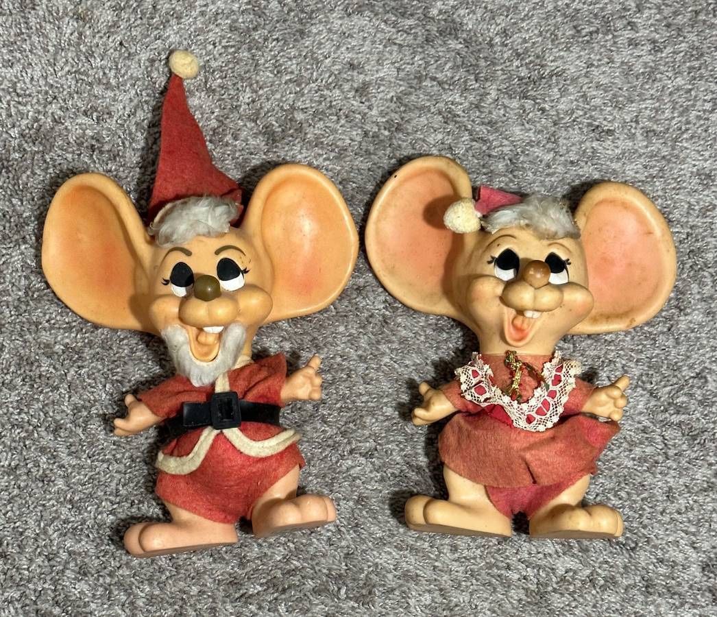 Vintage 70s Christmas Collectibles Big Ear Mr Mouse Santa And Mrs Claus Couple Set Vinyl Dolls