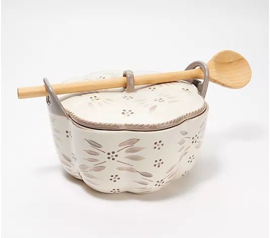 Temp-tations Old World 3-qt Figural Covered Baker with Spoon Taupe Color RETAIL $58