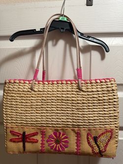 Pink Beaded Straw Purse Butterfly Dragonfly Floral Zipper Cloth Lined