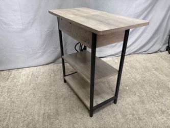 Light Grey Industrial Flip Top Side Table w/ Power Strip