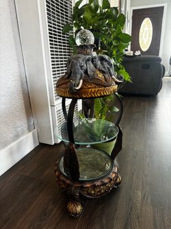 Vintage Elephant Sculpture 3-Tier Glass Side Table