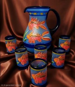 Mexican hand-blown and hand-painted frosted blue glass pitcher and six matching drinking glasses decorated with orange fish and foliage.• Material: Ha