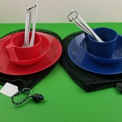 Blue and Red Plastic Camp Kit Plate Cup Bowl Utensils Black Mesh Bag GSI Outdoor
